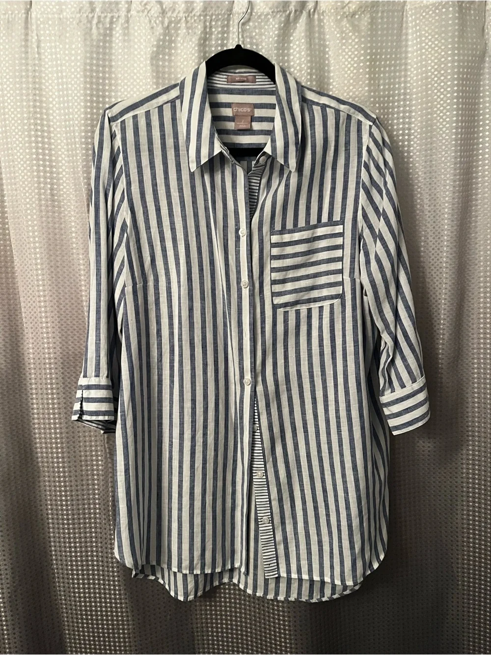 Chico's Navy and White Striped No Iron Linen Shirt - Picture 1 of 3
